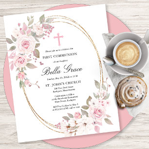 Budget Pink Floral First Holy Communion Invitation