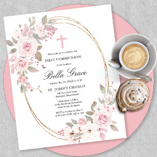 Budget Pink Floral First Holy Communion Invitation