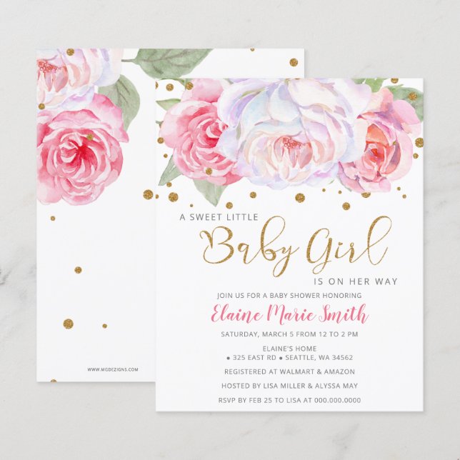 Budget Pink Floral Girl Baby Shower Invitation (Front/Back)