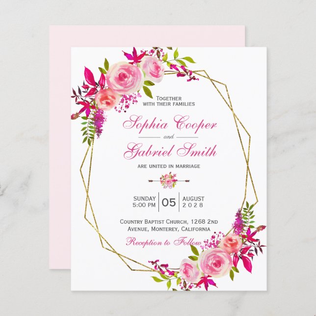 Budget Pink Floral | Gold Frame Wedding Invitation (Front/Back)