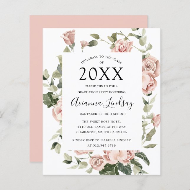 Budget Pink Floral Graduation Party Invitation (Front/Back)