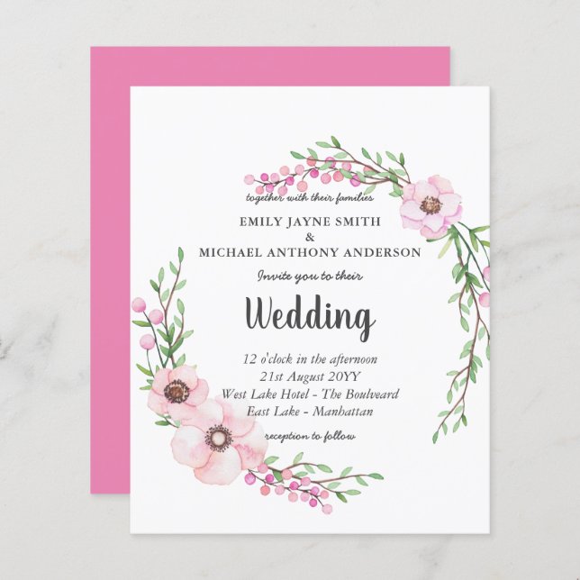 Budget Pink Floral Leaves Wedding Invite (Front/Back)