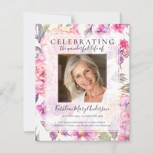 BUDGET Pink Floral Memorial Service Invitation (Front)