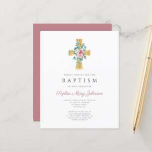 Budget Pink Floral Peonies Cross Baptism Invite