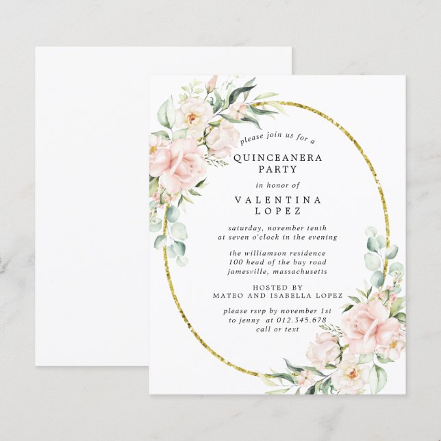 Budget Pink Floral Quinceanera Party Invitation (Front/Back)