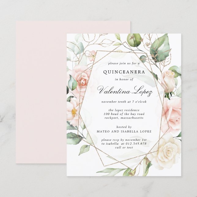 Budget Pink Floral Quinceanera Party Invitation (Front/Back)