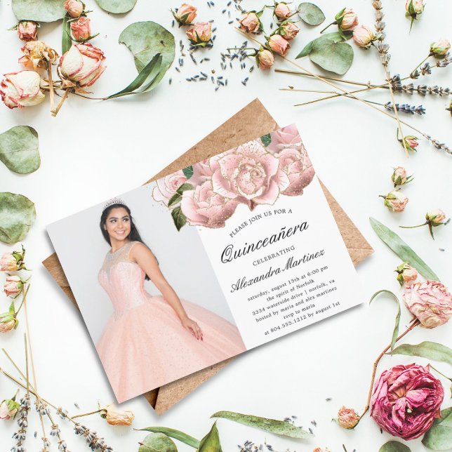 Budget Pink Floral Quinceanera Photo Invitation Flyer (Creator Uploaded)