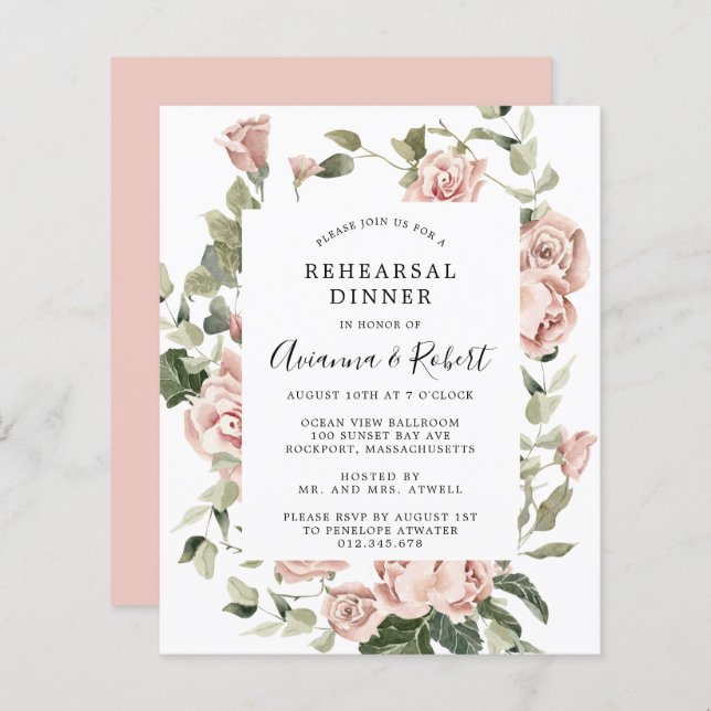Budget Pink Floral Rehearsal Dinner Invitation (Front/Back)