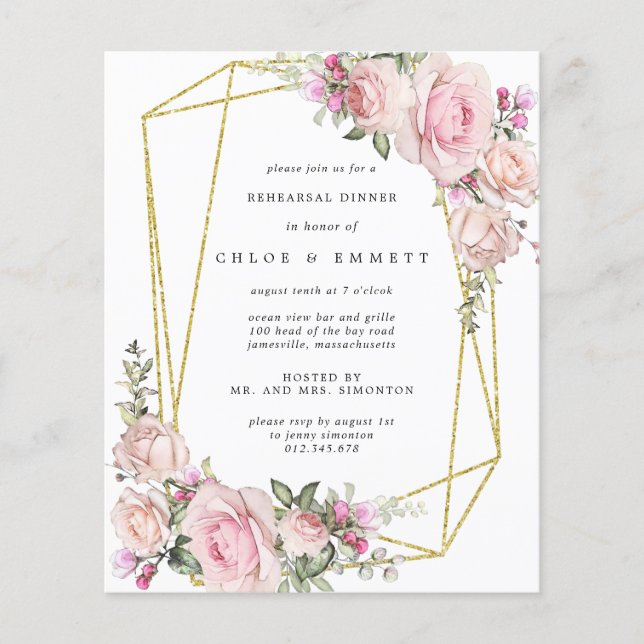 Budget Pink Floral Rehearsal Dinner Invitation (Front)