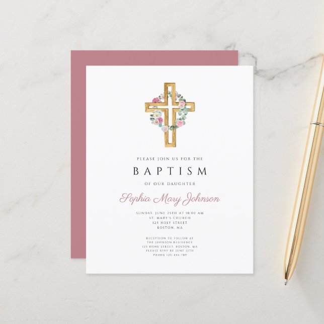 Budget Pink Floral Wreath Cross Baptism Invitation (Front/Back In Situ)