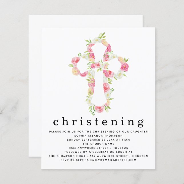 Budget Pink Florals Cross Christening Invitation (Front/Back)