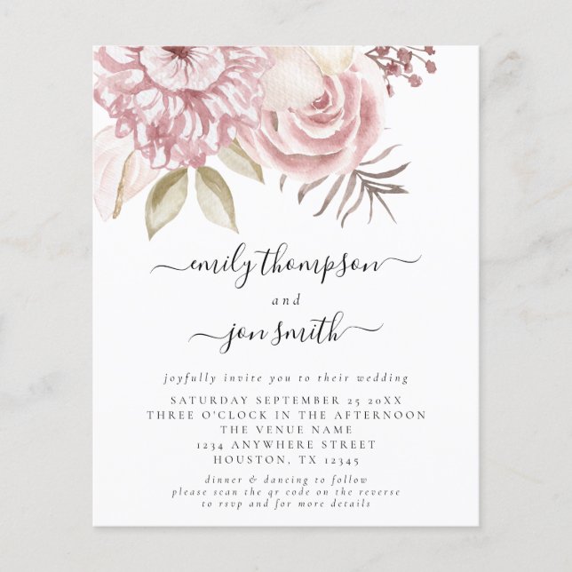 Budget Pink Florals QR Code Wedding Invitation (Front)