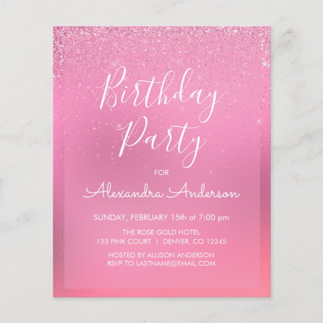 Budget Pink Foil Girly Glitter Any Age Birthday Flyer (Front)