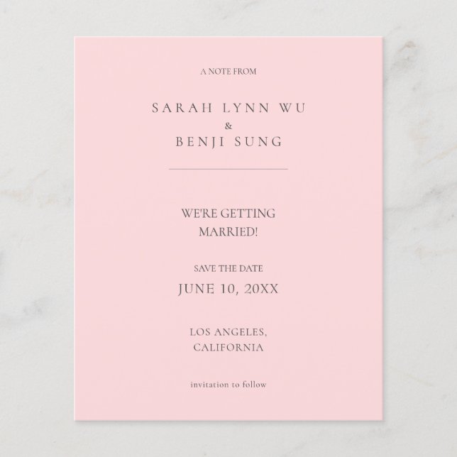 Budget Pink G Minimalist Mod 2V2 Save the Date Flyer (Front)