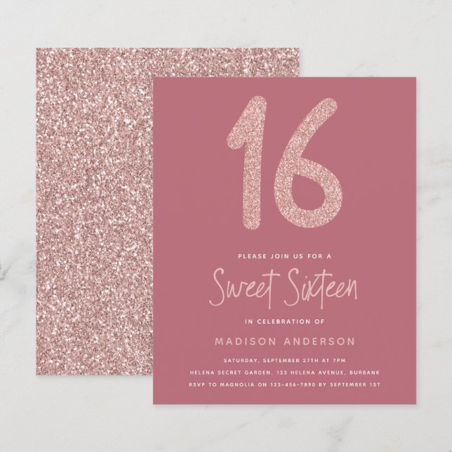 BUDGET Pink Glitter Sweet 16 Invitation (Front/Back)