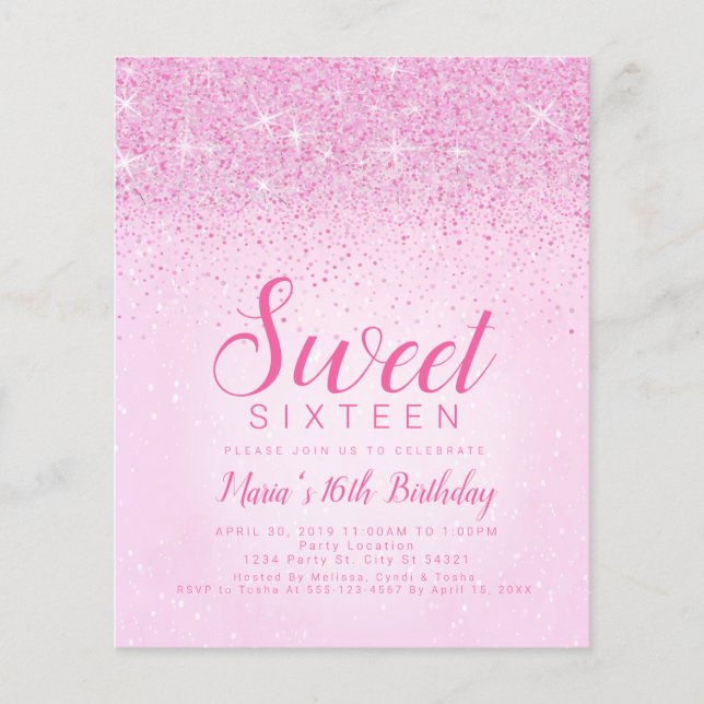 Budget Pink Glitter, Sweet 16 Invitations (Front)