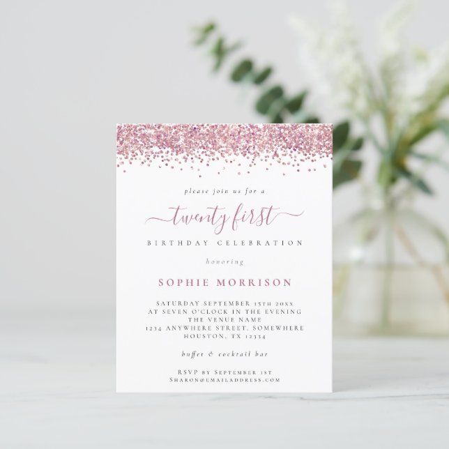 Budget Pink Glitter Twenty First Party Invite (Standing Front)