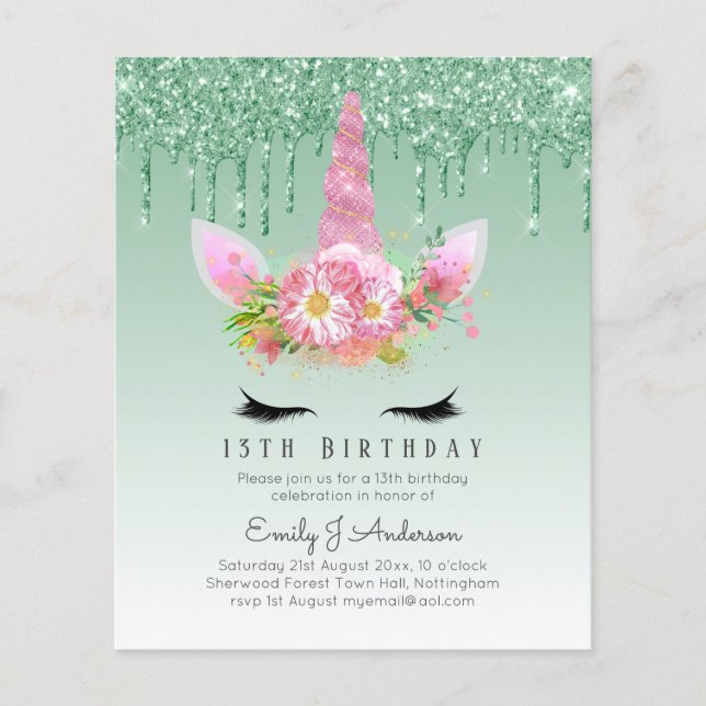 BUDGET Pink Glitter Unicorn Girls Birthday Invites Flyer (Front)
