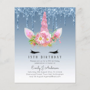 BUDGET Pink Glitter Unicorn Girls Birthday Invites Flyer