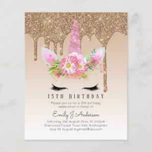 BUDGET Pink Glitter Unicorn Girls Birthday Invites Flyer
