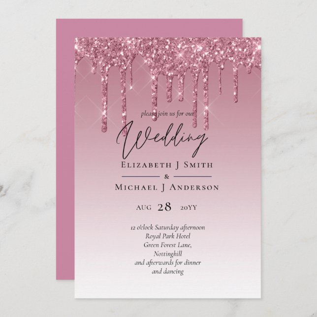 BUDGET Pink Glitter Wedding Invitations (Front/Back)