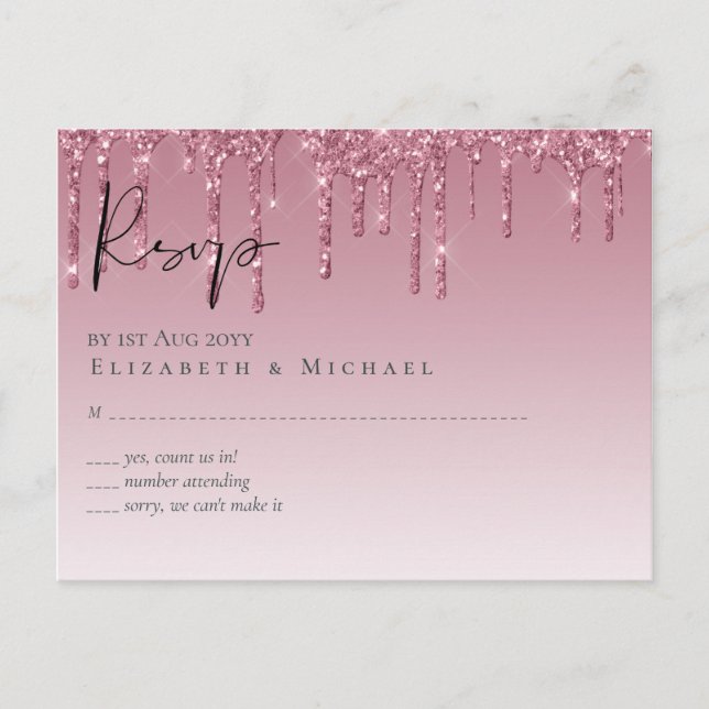 BUDGET Pink Glitter Wedding RSVP Postcard (Front)