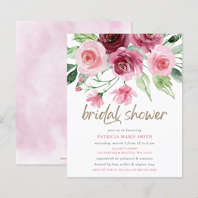  Budget Pink Gold Burgundy Floral Bridal Shower (Front/Back)