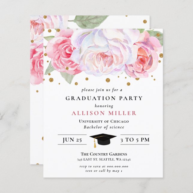 Budget Pink Gold Floral Graduation Invitation (Front/Back)