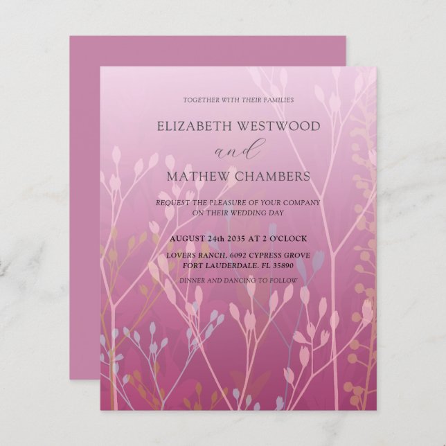 Budget Pink Grasses & Foliage Wedding Invitation (Front/Back)
