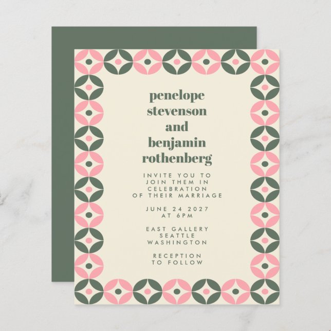 Budget Pink Green Mid Mod Geometric Wedding Invite (Front/Back)