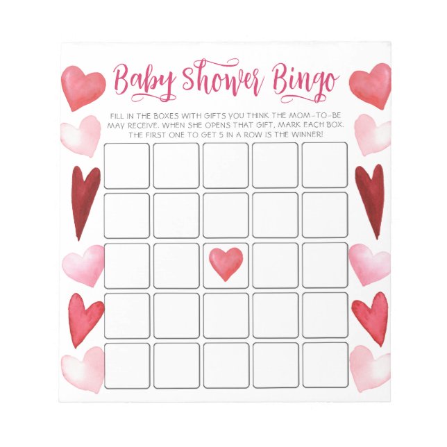 Budget Pink Hearts Baby Shower Bingo Game Notepad (Front)