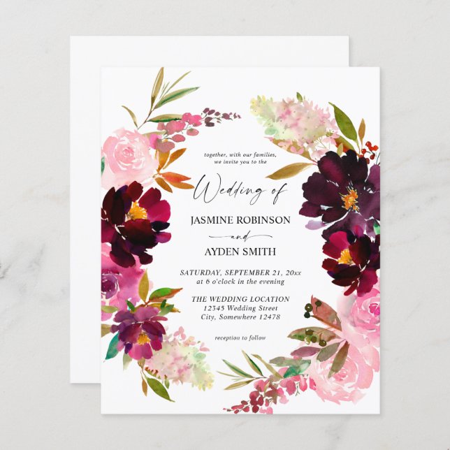 Budget Pink- Hot Blush & Purple Floral Wedding (Front/Back)