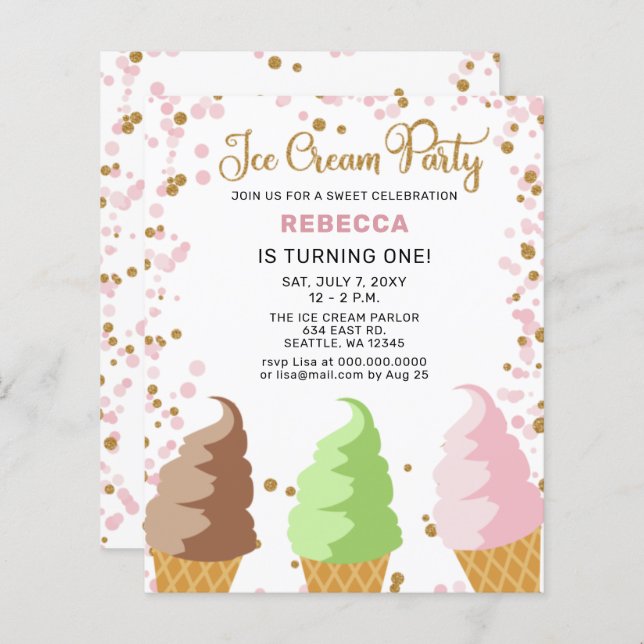 Budget Pink Ice cream party Birthday invitation (Front/Back)