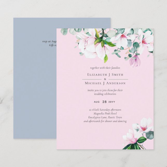 BUDGET Pink Magnolias Sage Eucalyptus Blue Wedding (Front/Back)