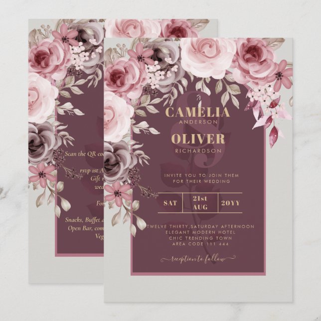 BUDGET Pink Maroon Wine Floral Wedding INVITE (Front/Back)
