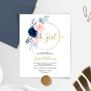 Budget Pink & Navy Floral Baby Shower Invitation