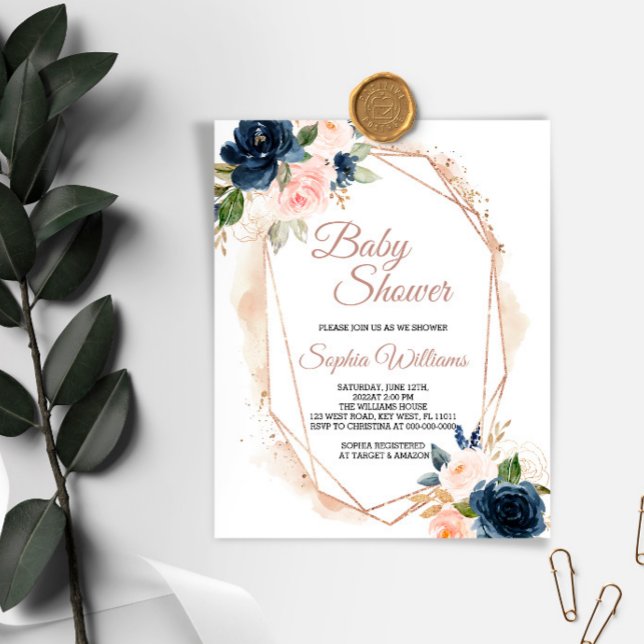 Budget Pink, Navy & Gold Baby Shower Invitation (Creator Uploaded)