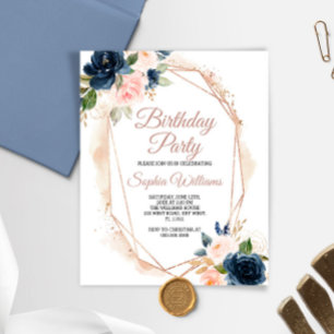 Budget Pink, Navy & Gold Birthday Party Invitation