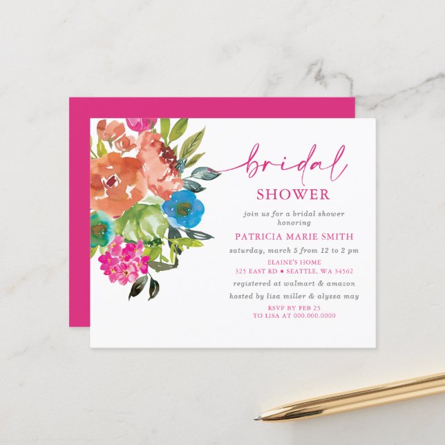 Budget Pink Orange Floral Bridal Shower Invite (Front/Back In Situ)