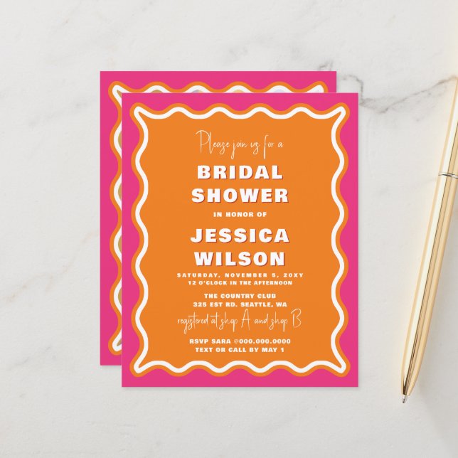 Budget Pink Orange Photo Bridal Shower Invitation (Front/Back In Situ)