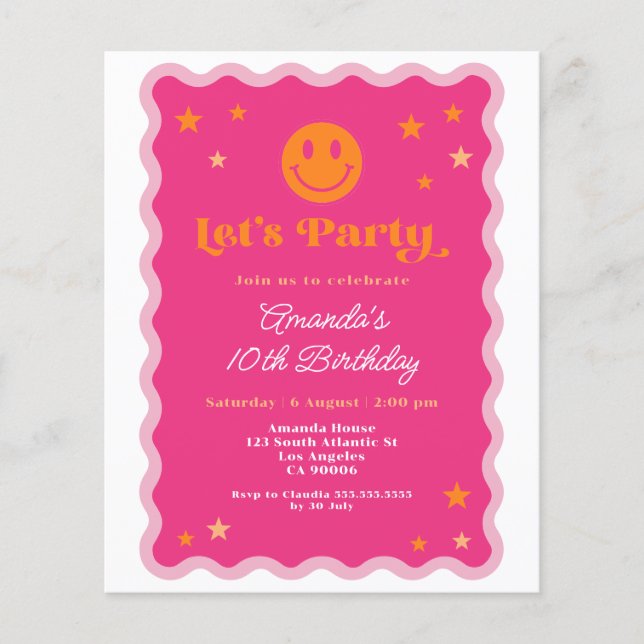 Budget Pink Orange Smile Face Wavy Birthday Invite (Front)