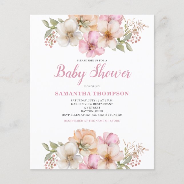 Budget Pink Peach Floral Baby Shower Invitation Flyer (Front)