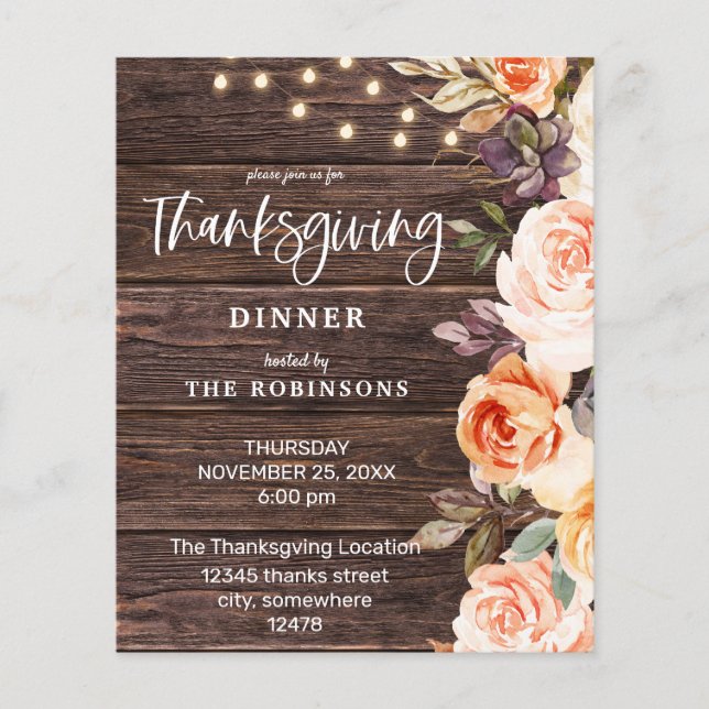 Budget Pink & Peach Floral w Lights Thanksgiving Flyer (Front)