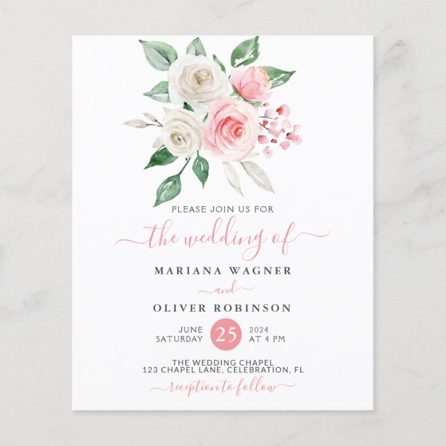 Budget Pink Peach Watercolor Floral Wedding Invite Flyer (Front)
