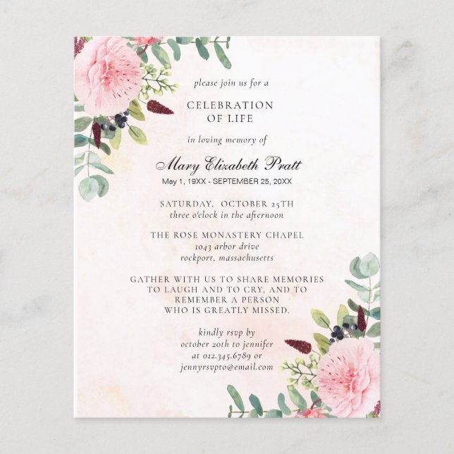 Budget Pink Peony Eucalyptus Funeral Invitation (Front)