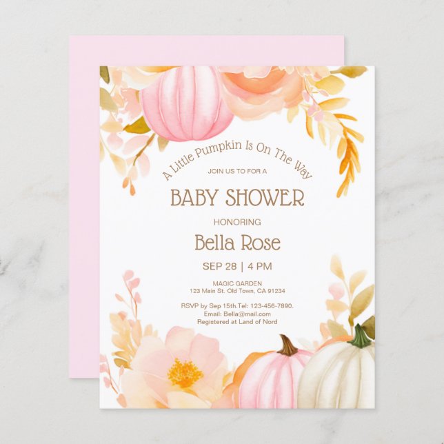 Budget Pink Pumpkin Fall Baby Shower Invitation (Front/Back)