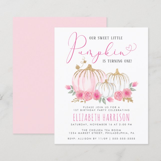 Budget Pink Pumpkin Floral Girl 1st Birthday Party (Front/Back)