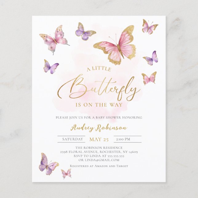 Budget Pink Purple Gold Butterfly Baby Girl Shower (Front)