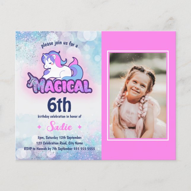Budget Pink Purple Unicorn Photo Birthday Invite (Front)