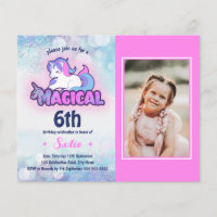 Budget Pink Purple Unicorn Photo Birthday Invite